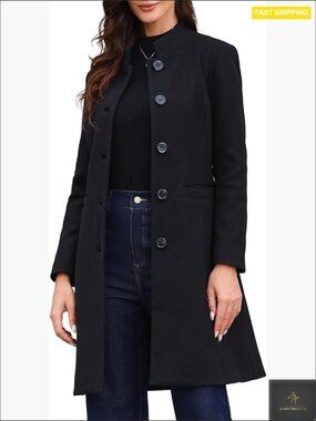 Pea Coat Stand Collar Single Breast Long Winter Coat with Pockets